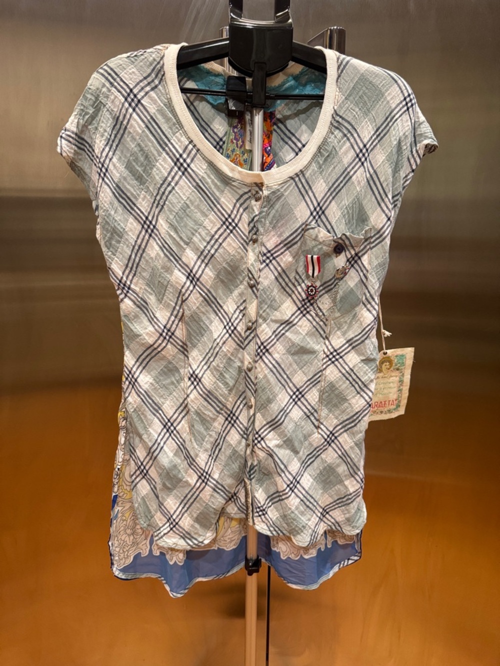 Aratta Short-Sleeve Plaid Button-Front Top - Light Green & Blue